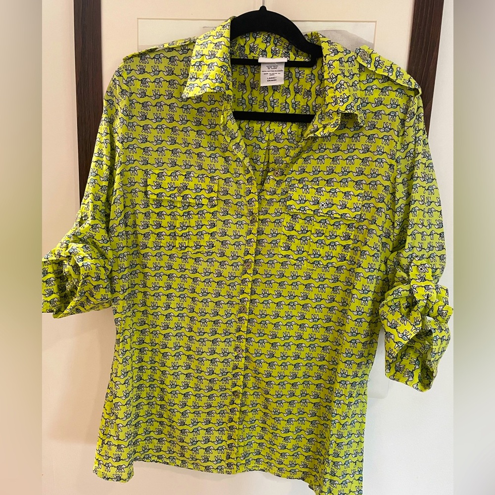 Jaclyn Smith Cotton Button Up Blouse Elephant Print